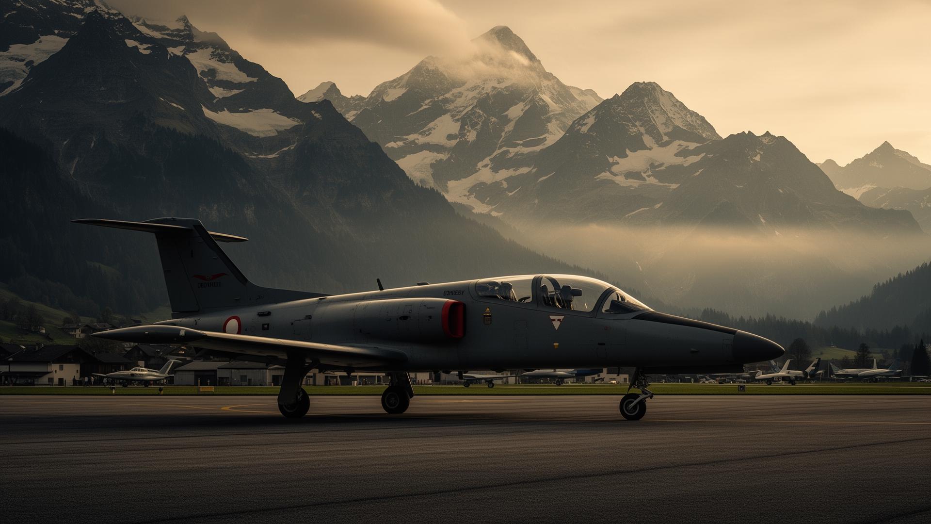 L-39 Albatros sur le tarmac alpin de Sion au lever du jour