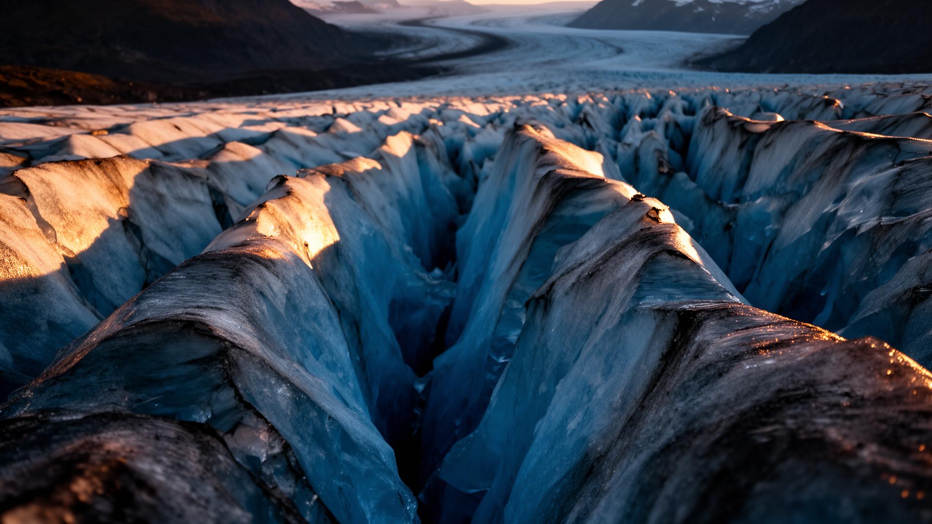 Crevasses bleues d'un glacier suisse au lever du jour
