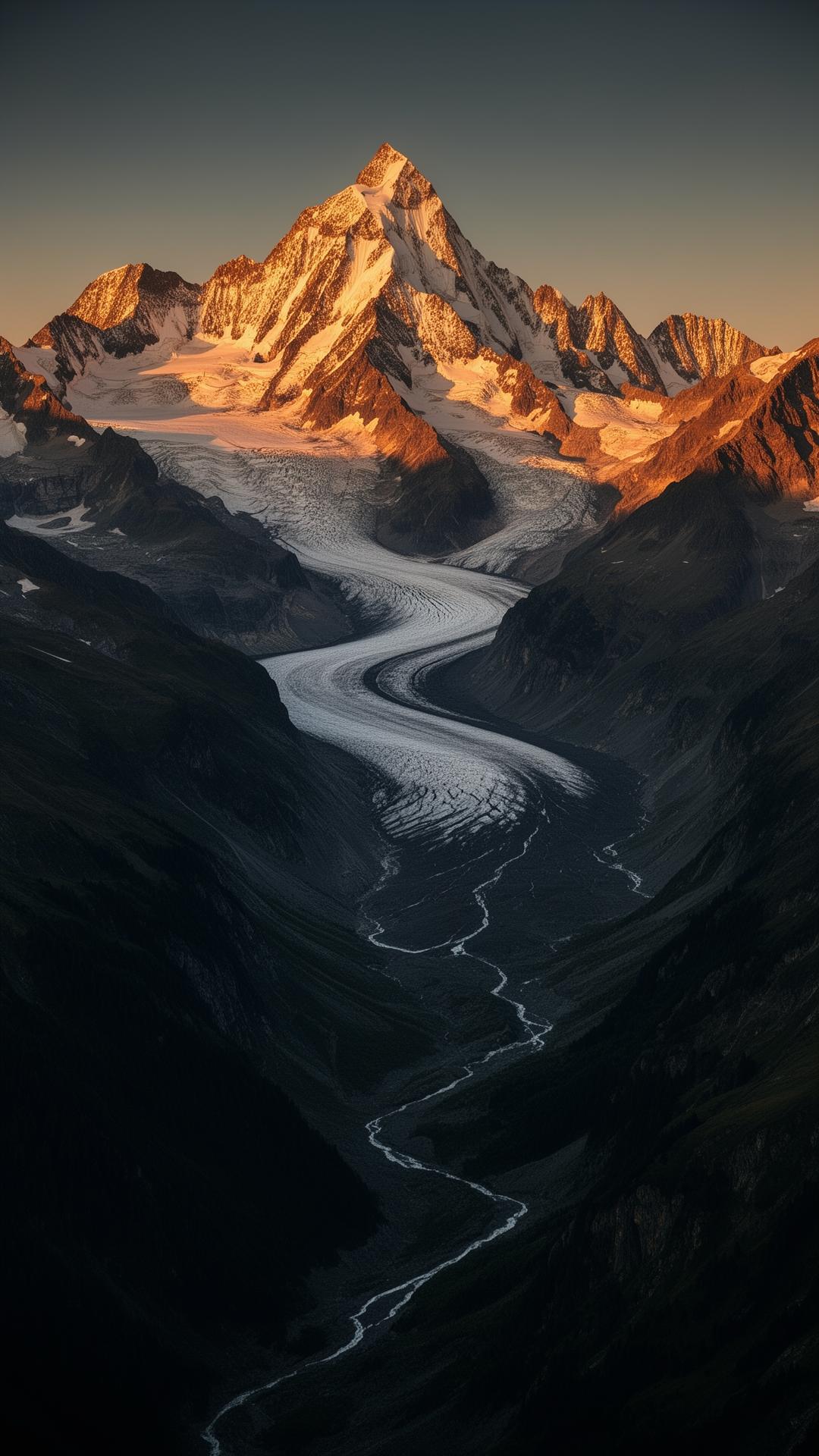 Massif du Valais au lever du jour, glacier descendant entre les sommets