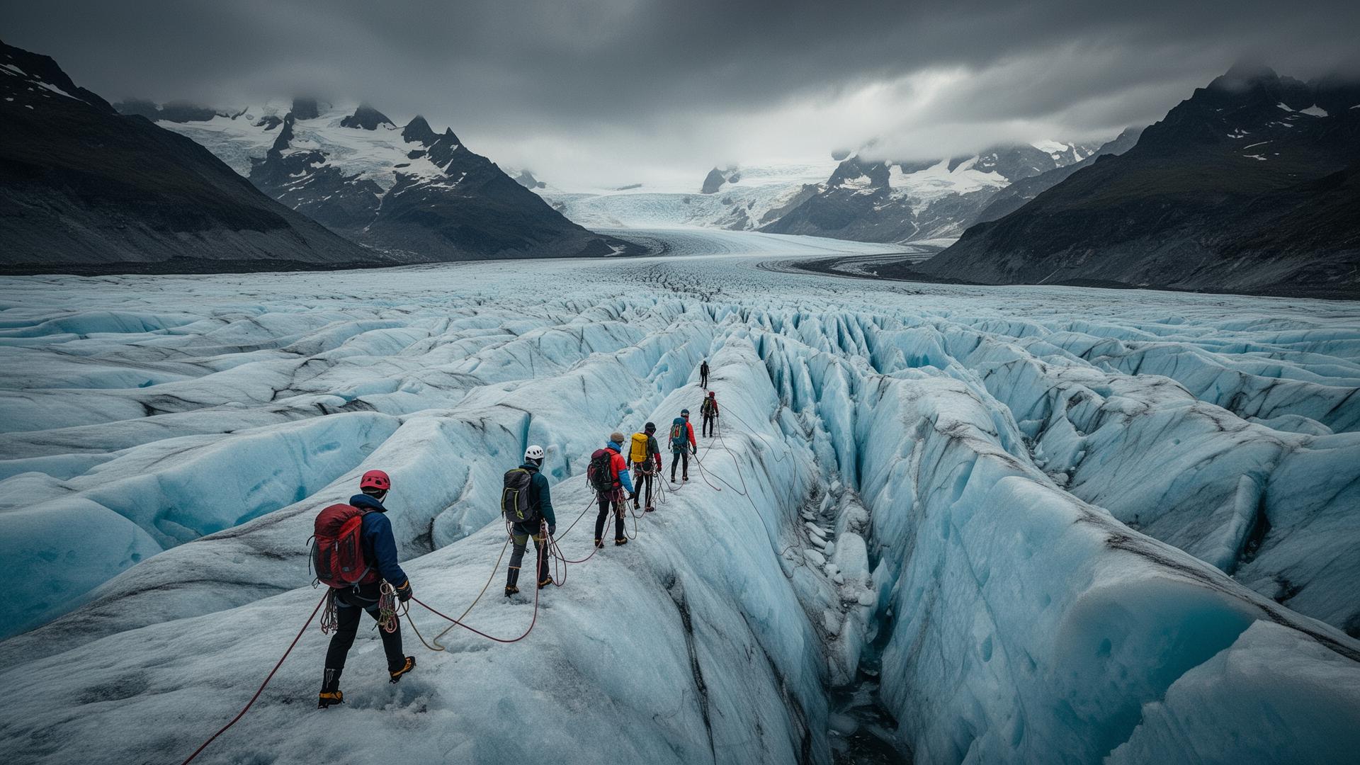 Cordée traversant un glacier valaisan crevasse sous un ciel d'orage