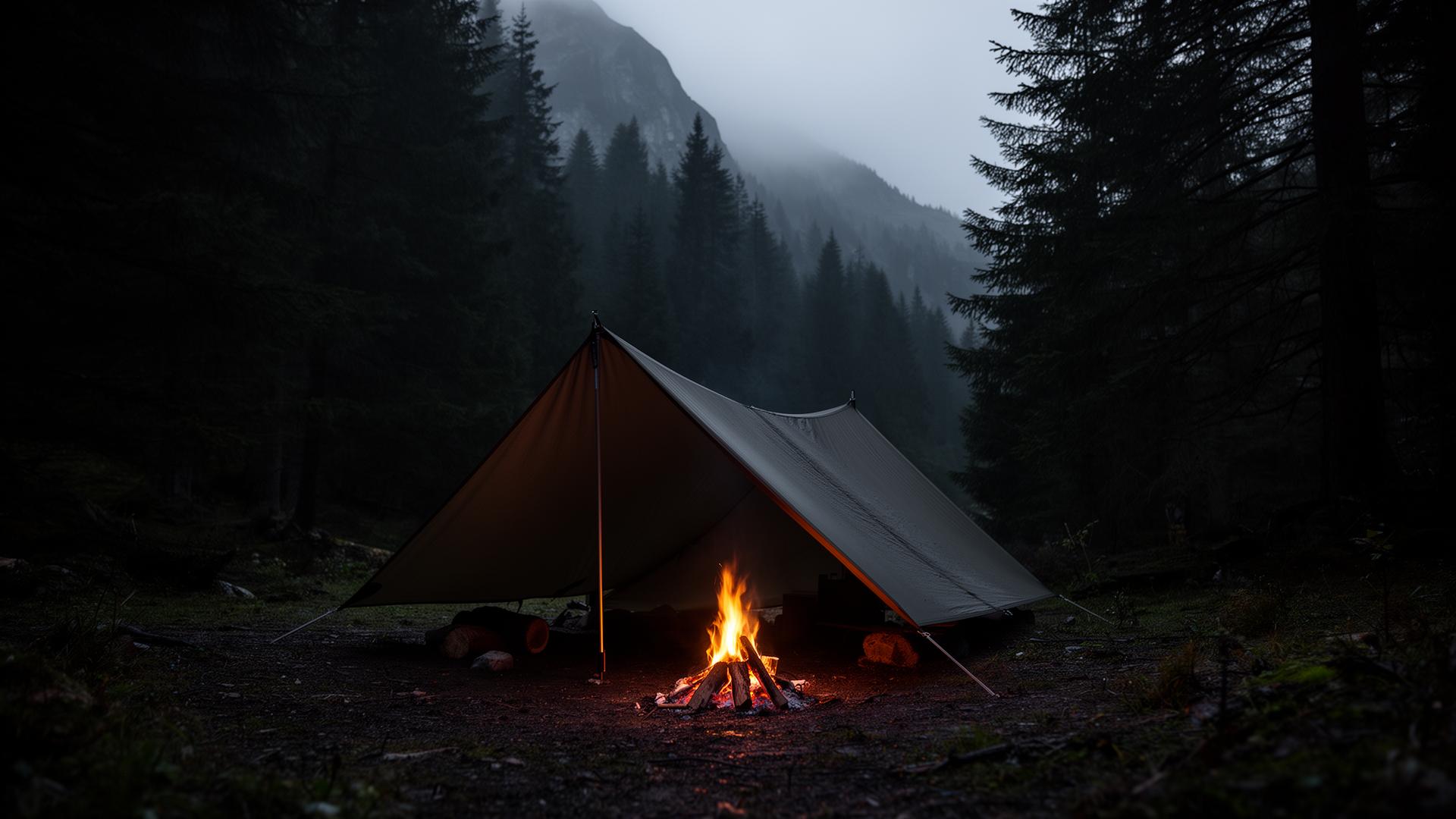Bivouac minimaliste avec abri et feu dans une forêt alpine au crépuscule
