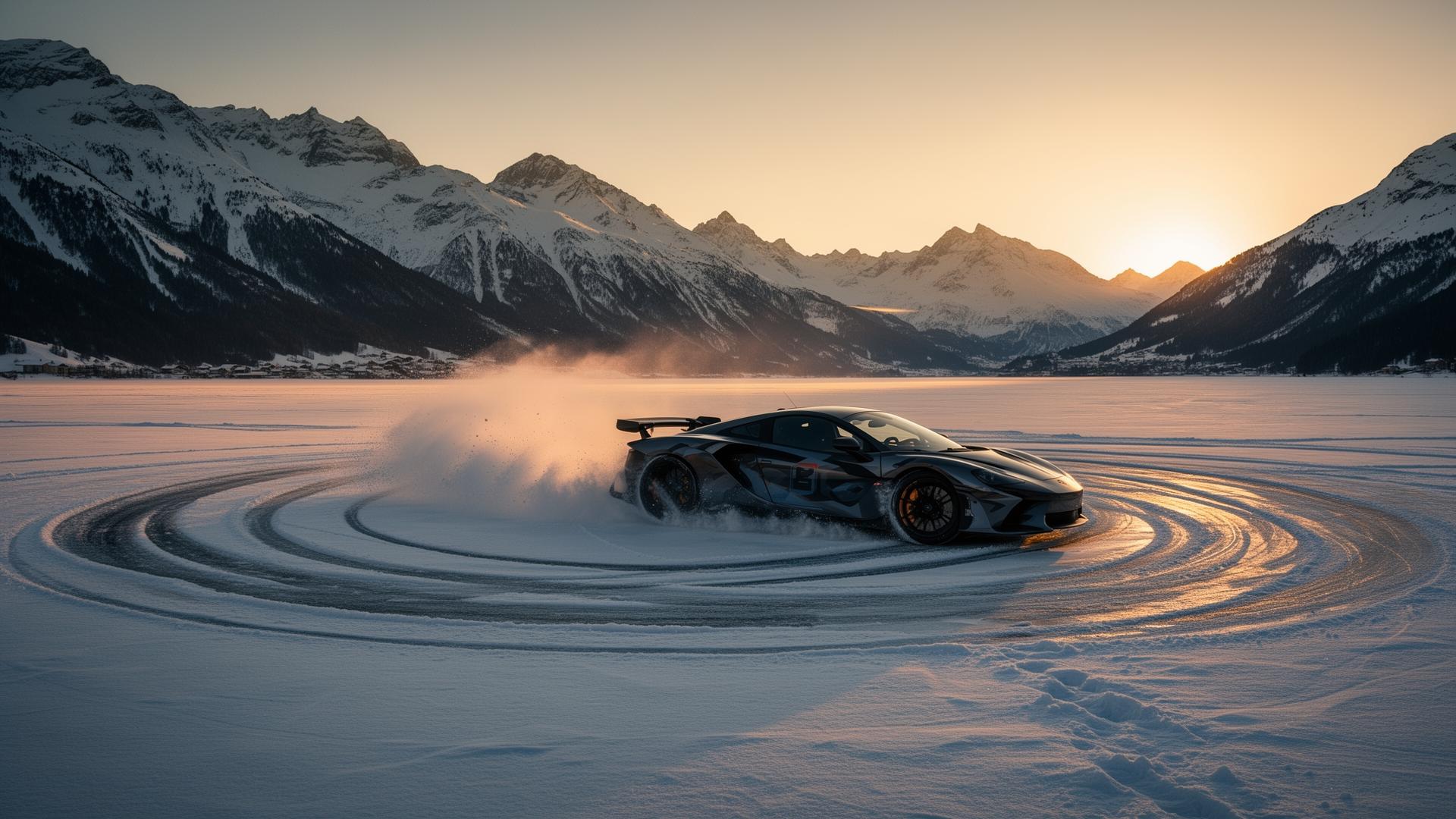 Voiture sportive en glisse circulaire sur un lac gelé près de Saint-Moritz