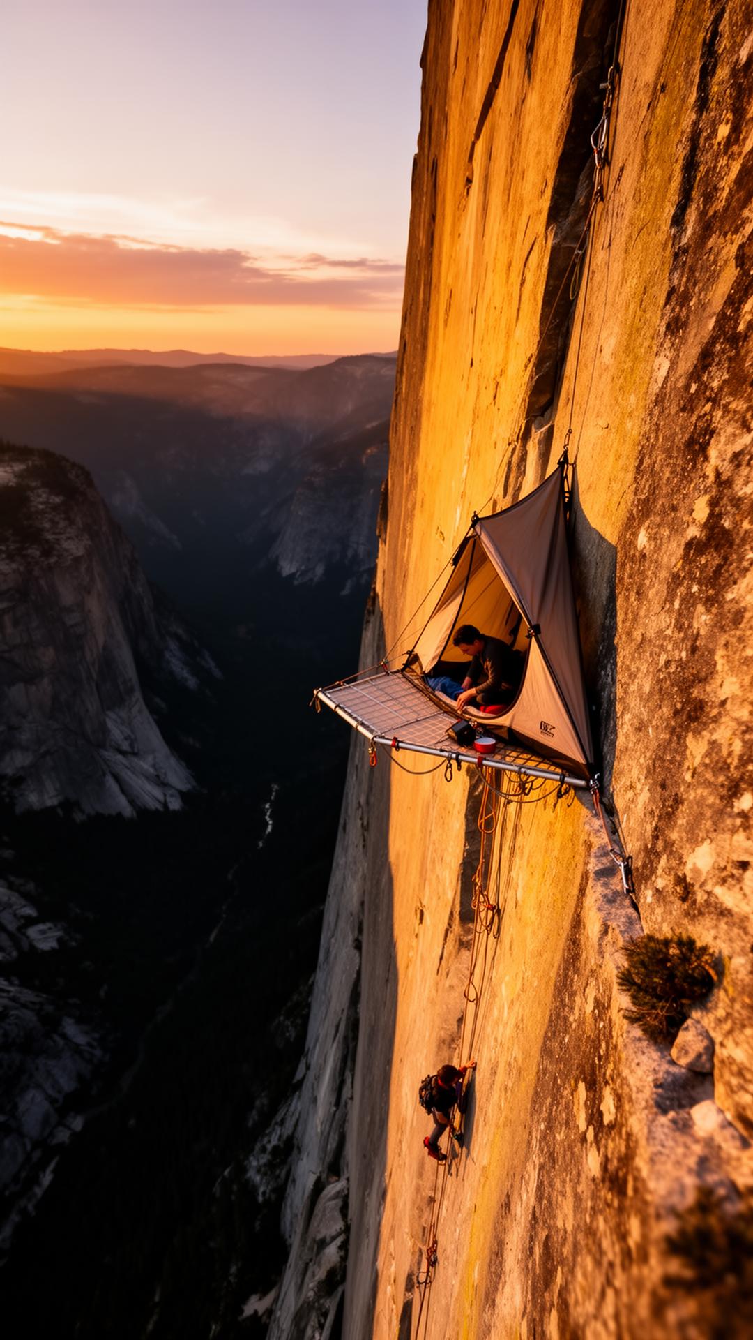 Portaledge suspendu à une paroi rocheuse au coucher du soleil