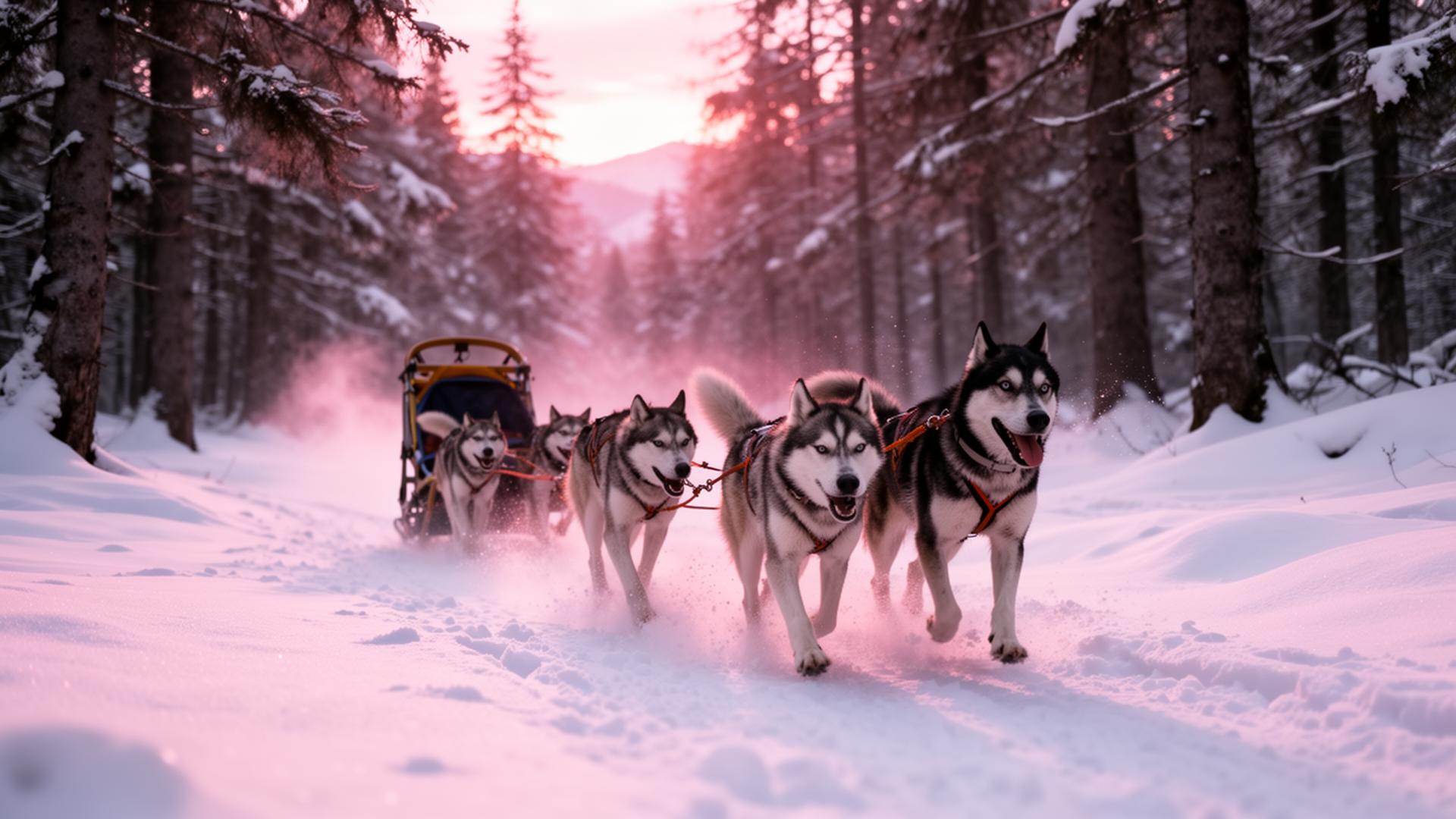 Attelage de huskies progressant sur un haut plateau enneigé