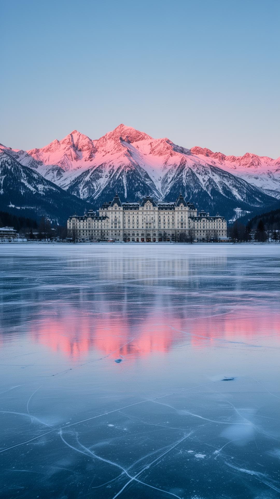 Lac gelé de Saint-Moritz reflétant les sommets à l'aurore