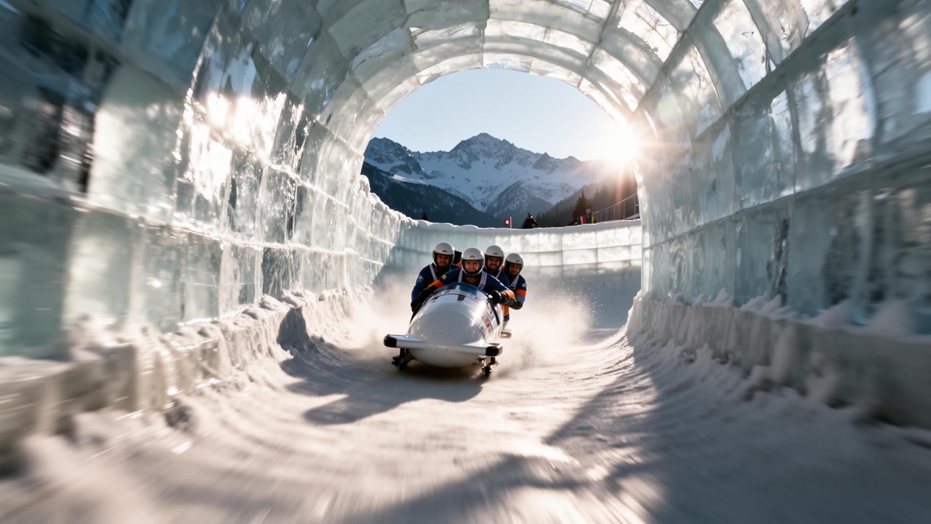 Bobsleigh fendant la glace de la piste naturelle de Saint-Moritz