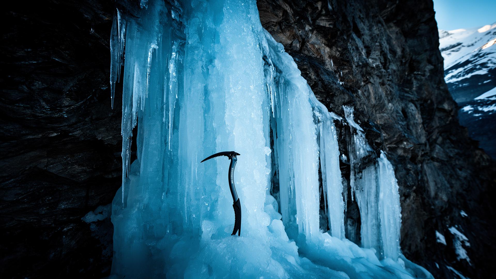 Cascade de glace bleue translucide sur une paroi alpine, piolet planté