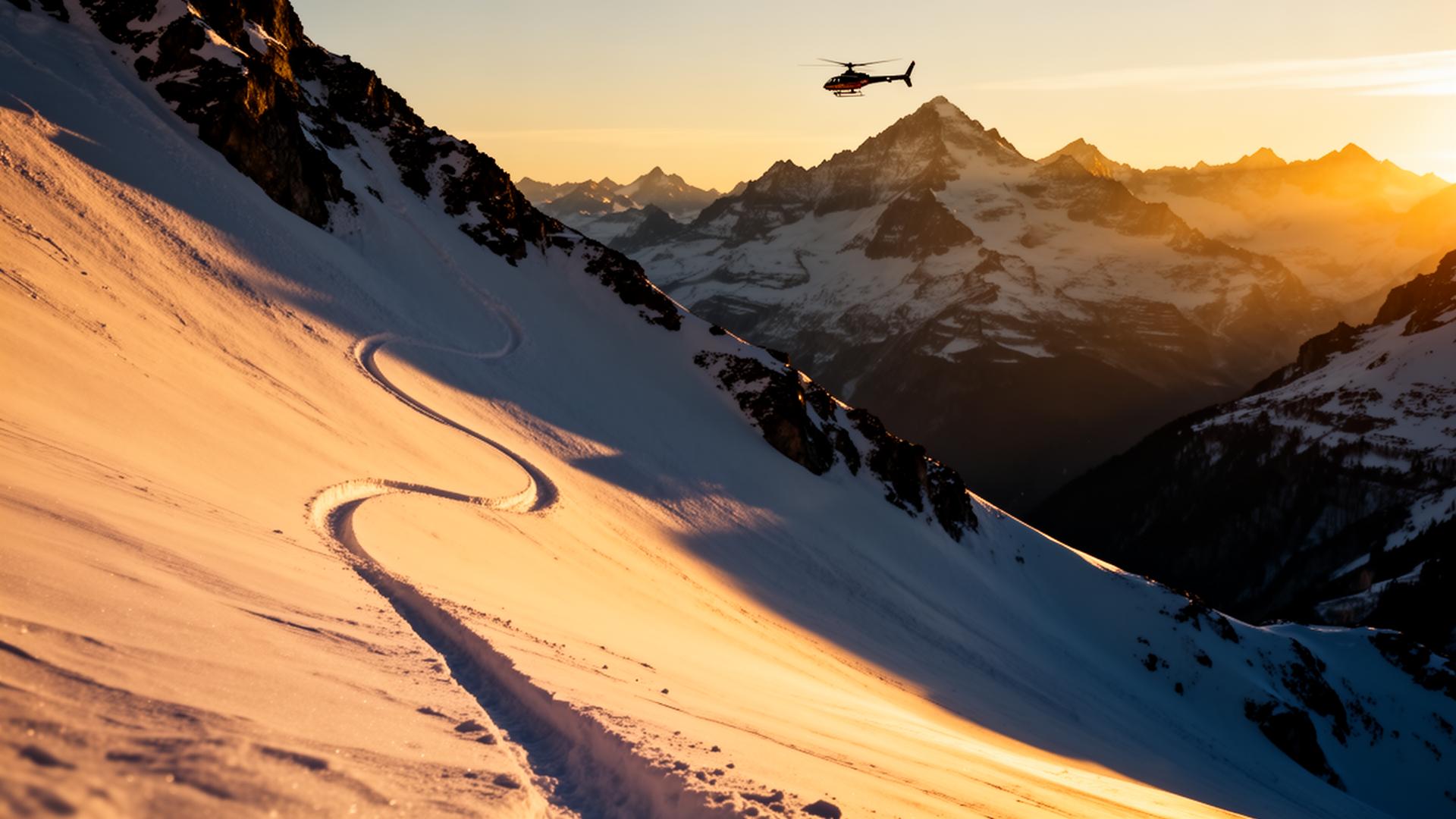 Pente vierge des Alpes valaisannes au lever du jour, prête pour une descente d'héliski