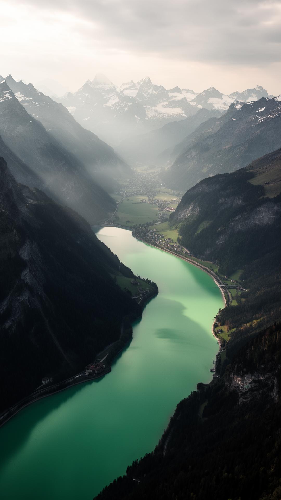 Vue aérienne d'Interlaken entre ses lacs émeraude