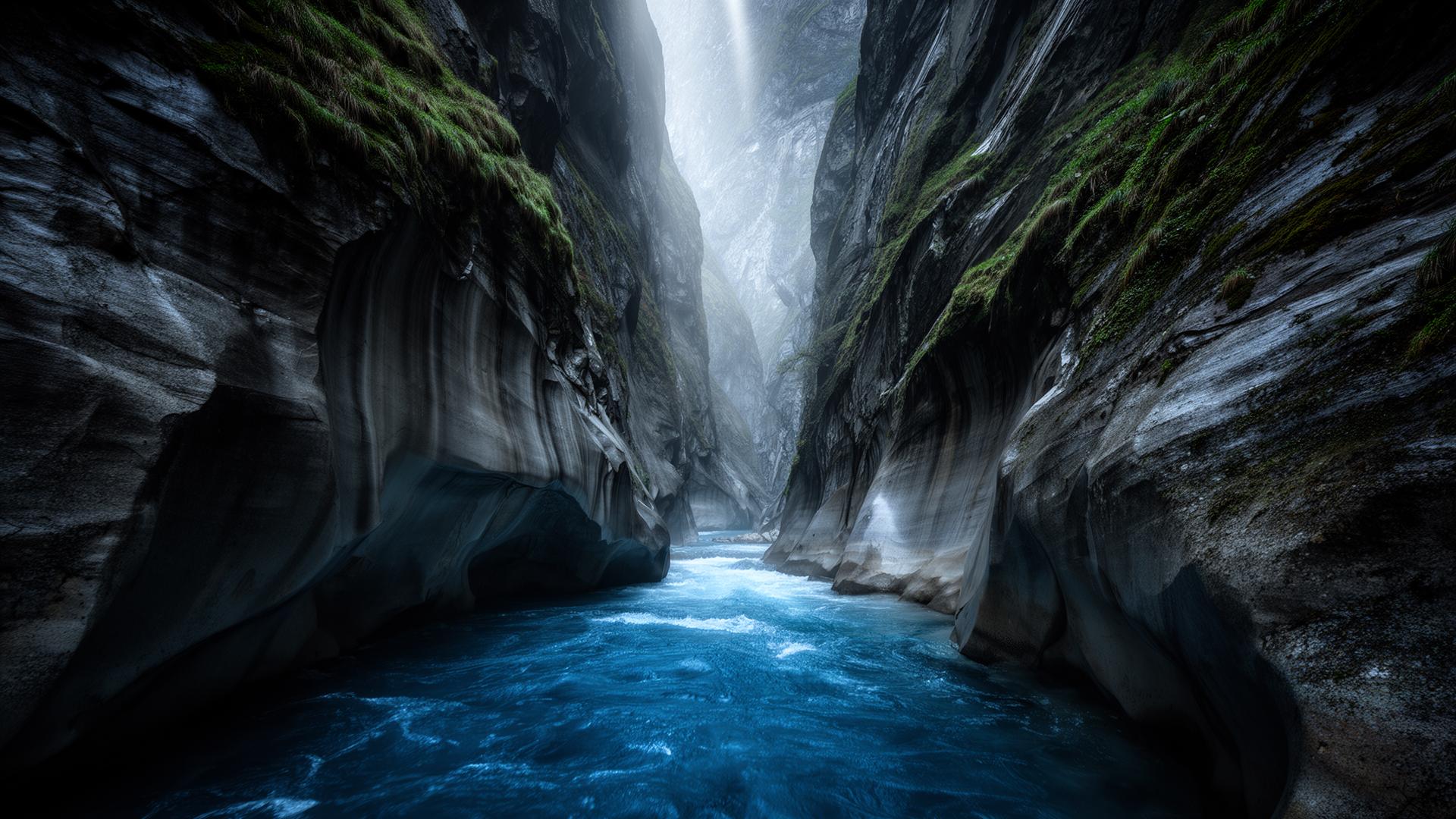 Gorge alpine étroite traversée par une eau bleue puissante