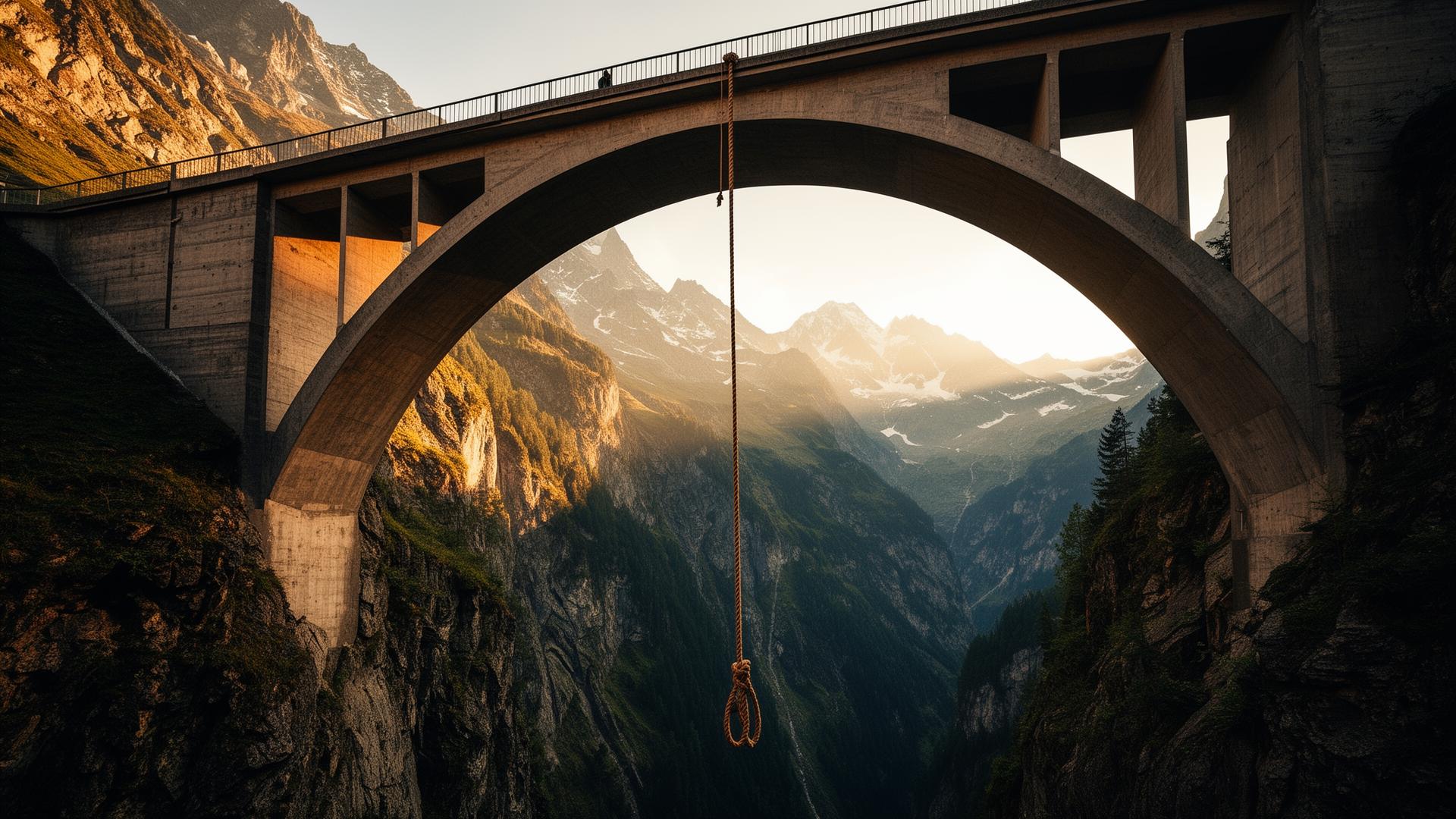 Pont d'arche alpin avec corde de pendule suspendue au-dessus de la gorge