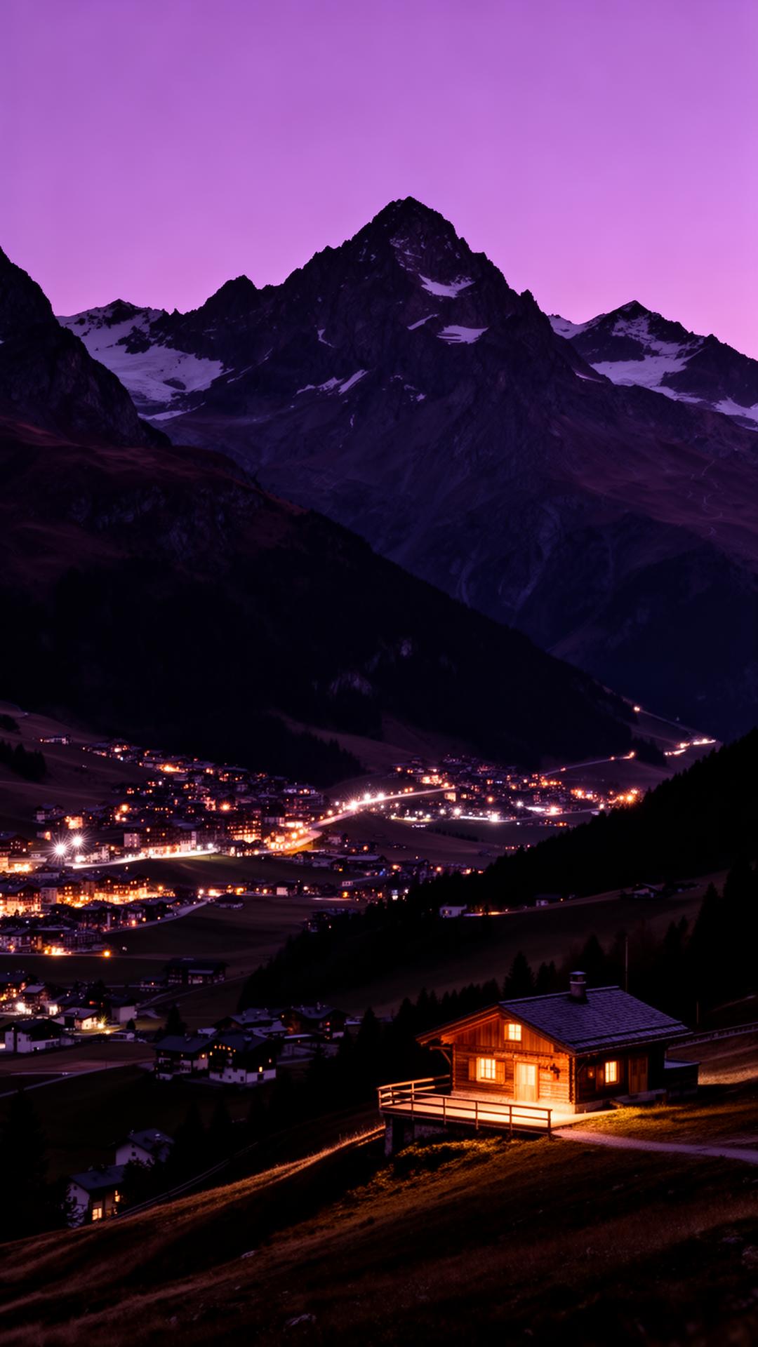 Verbier au crépuscule, chalets éclairés et sommet alpin