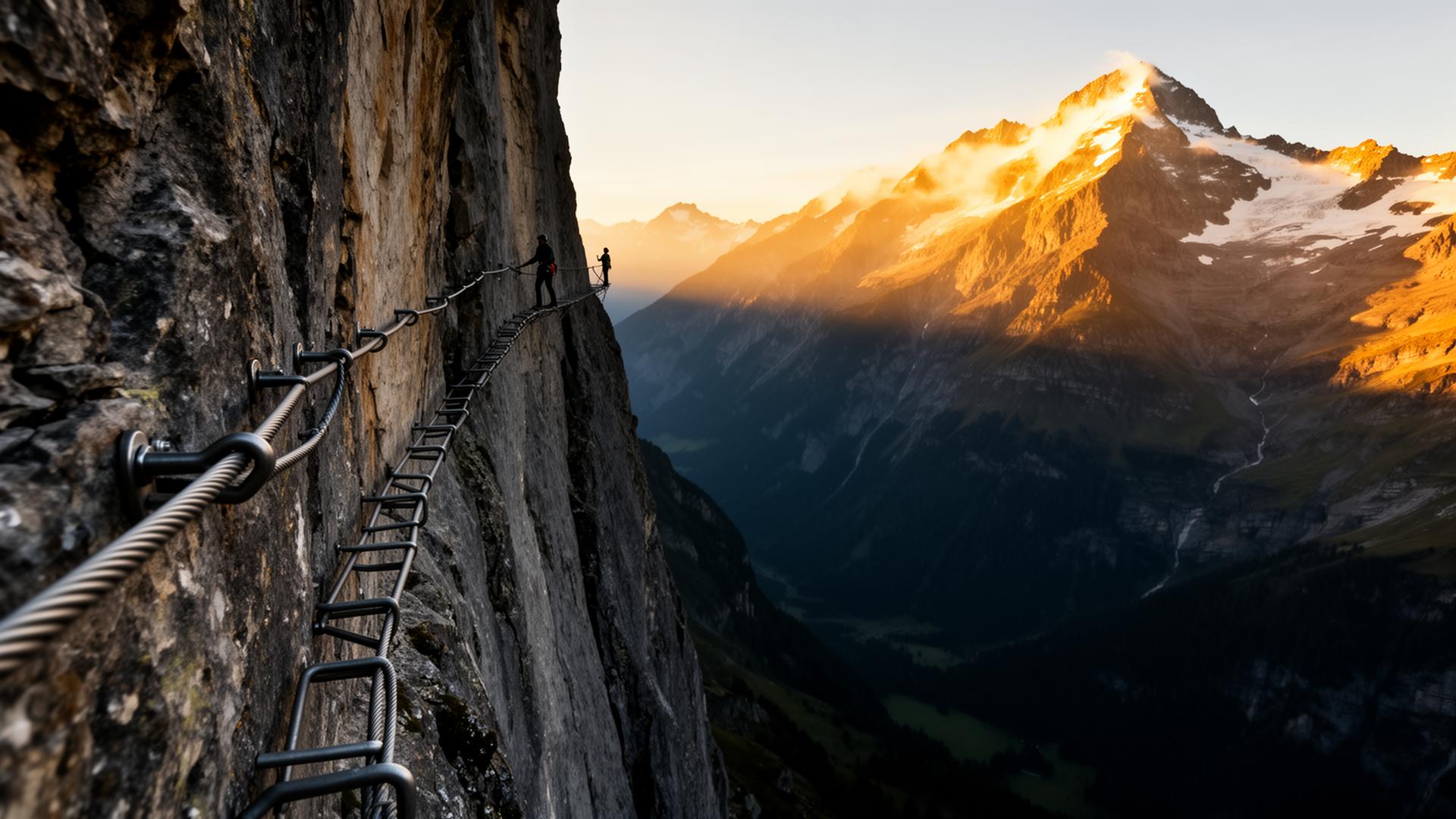 Cordée en via ferrata sur paroi alpine équipée, vue plongeante sur la vallée